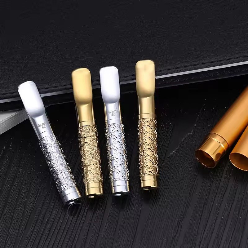 Smoking & Vaping Accessories - Universele sigarettenmondstuk van legering, goud/zilver, gegraveerd,